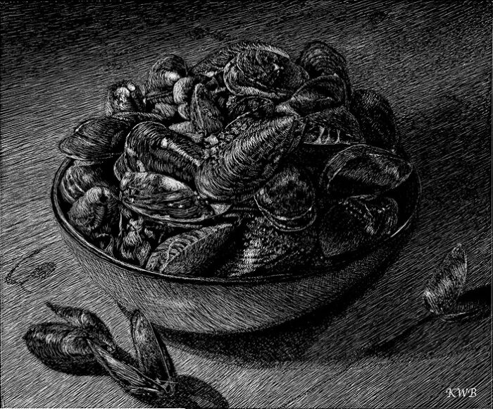 Mussels in Bowl Scraper Board Engraving